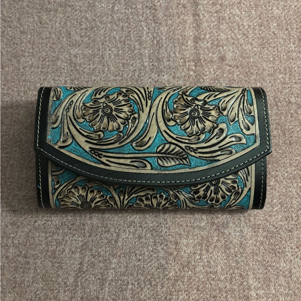 Leather Western Hand Tooled Floral Black and Turquoise Women's Wallet Rodeo